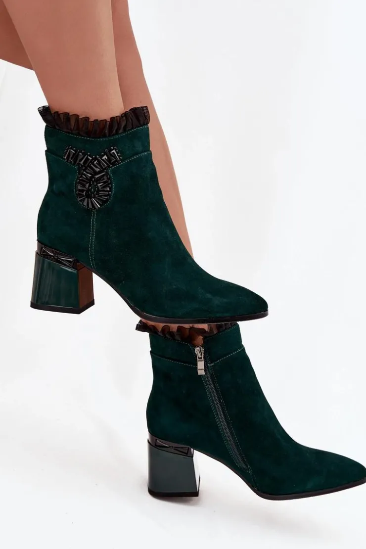 D&A Botki Ocieplane|Botki Skórzane*Zamszowe Skórzane Botki Damskie Na Słupku Z Ozdobą Ocieplane MR52-127 Butelkowa Zieleń Zielony