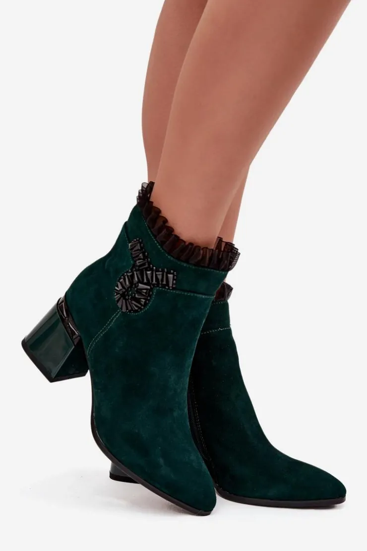 D&A Botki Ocieplane|Botki Skórzane*Zamszowe Skórzane Botki Damskie Na Słupku Z Ozdobą Ocieplane MR52-127 Butelkowa Zieleń Zielony