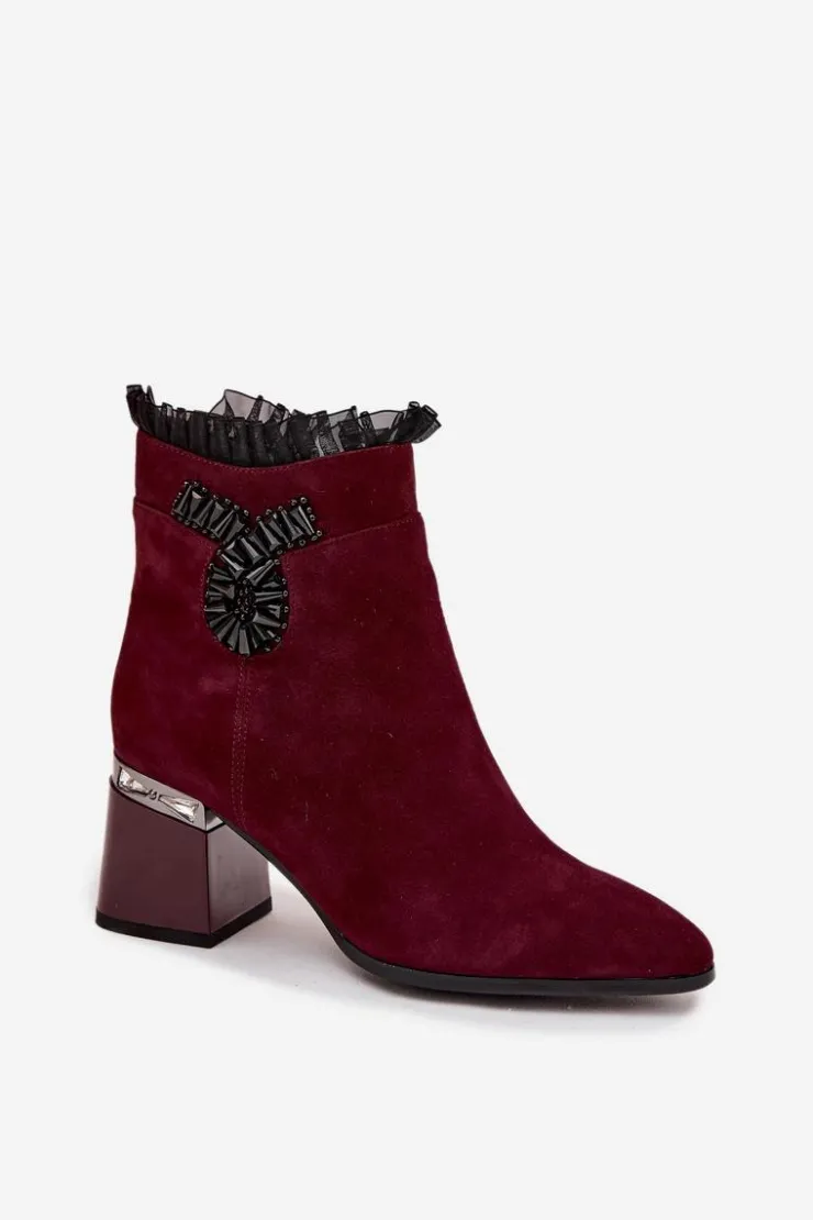 Online D&A Zamszowe Skórzane Botki Damskie Na Słupku Z Ozdobą Ocieplane MR52-127 Bordowe Czerwony
