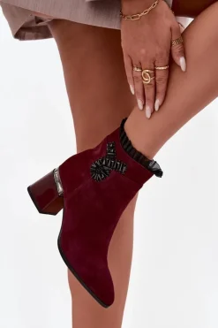 Online D&A Zamszowe Skórzane Botki Damskie Na Słupku Z Ozdobą Ocieplane MR52-127 Bordowe Czerwony