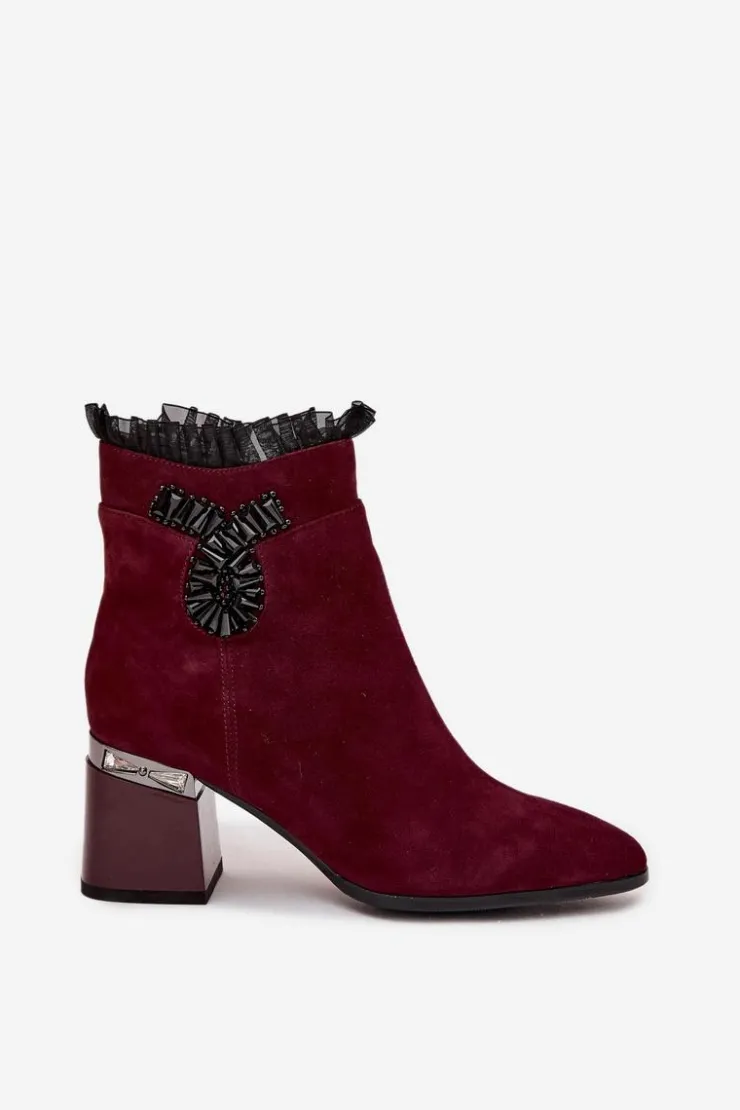 Online D&A Zamszowe Skórzane Botki Damskie Na Słupku Z Ozdobą Ocieplane MR52-127 Bordowe Czerwony