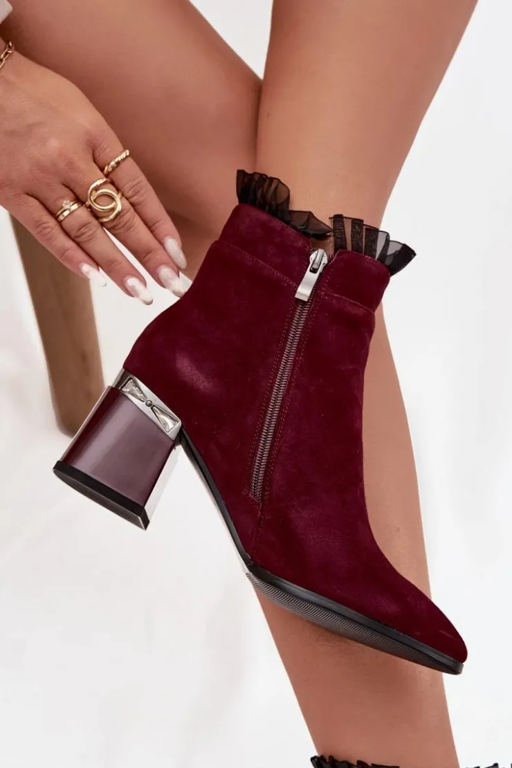 Online D&A Zamszowe Skórzane Botki Damskie Na Słupku Z Ozdobą Ocieplane MR52-127 Bordowe Czerwony