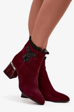 Online D&A Zamszowe Skórzane Botki Damskie Na Słupku Z Ozdobą Ocieplane MR52-127 Bordowe Czerwony
