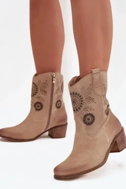 Damskie Zazoo Zamszowe Skórzane Botki Damskie Ażurowe Na Obcasie 3844 Beżowe