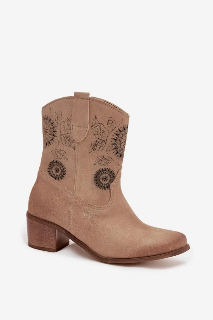 Damskie Zazoo Zamszowe Skórzane Botki Damskie Ażurowe Na Obcasie 3844 Beżowe