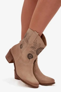 Damskie Zazoo Zamszowe Skórzane Botki Damskie Ażurowe Na Obcasie 3844 Beżowe