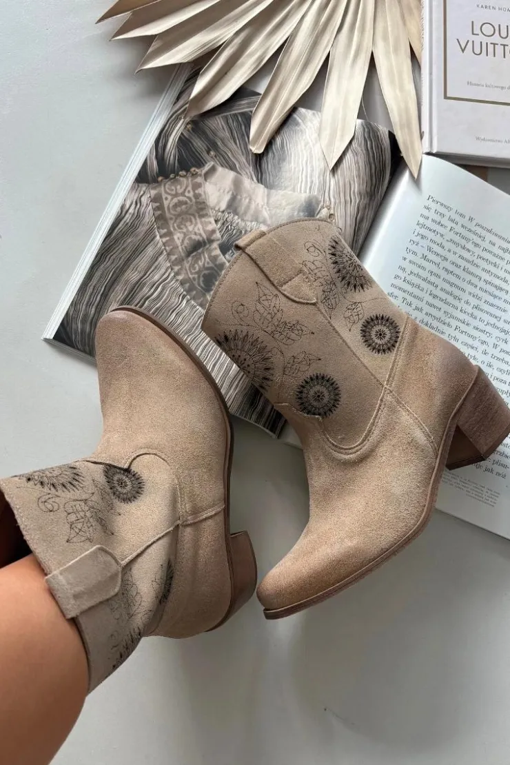 Damskie Zazoo Zamszowe Skórzane Botki Damskie Ażurowe Na Obcasie 3844 Beżowe