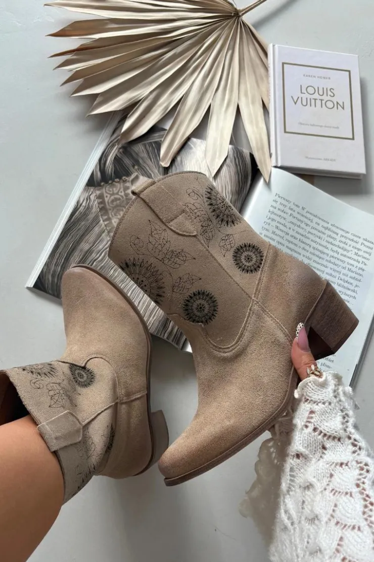 Damskie Zazoo Zamszowe Skórzane Botki Damskie Ażurowe Na Obcasie 3844 Beżowe