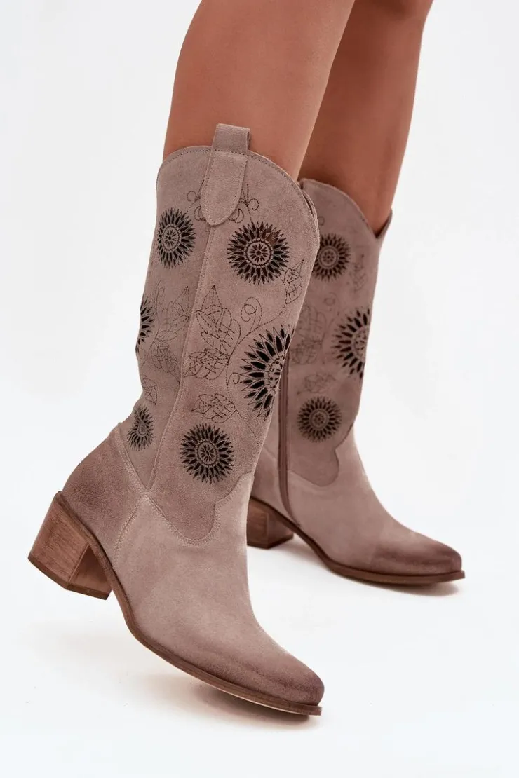 Zazoo Kozaki Ażurowe|Kozaki Przed Kolano*Zamszowe Skórzane Kozaki Damskie Z Ażurowym Wzorem 3852 Cappuccino