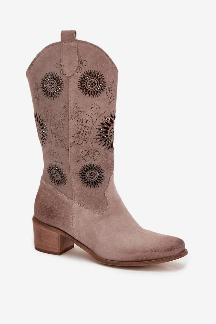 Zazoo Kozaki Ażurowe|Kozaki Przed Kolano*Zamszowe Skórzane Kozaki Damskie Z Ażurowym Wzorem 3852 Cappuccino