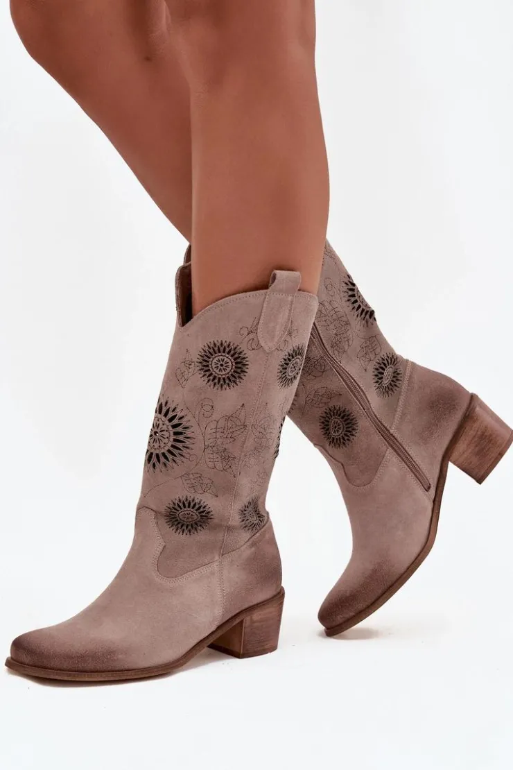 Zazoo Kozaki Ażurowe|Kozaki Przed Kolano*Zamszowe Skórzane Kozaki Damskie Z Ażurowym Wzorem 3852 Cappuccino