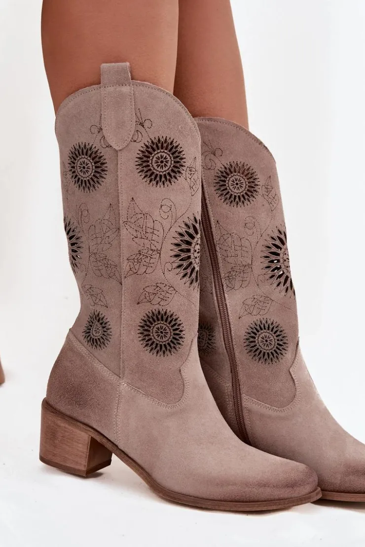 Zazoo Kozaki Ażurowe|Kozaki Przed Kolano*Zamszowe Skórzane Kozaki Damskie Z Ażurowym Wzorem 3852 Cappuccino