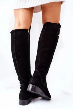 Boto Kozaki Za Kolano|Kozaki Płaskie*Zamszowe Skórzane Kozaki Lewski 2840 Czarne