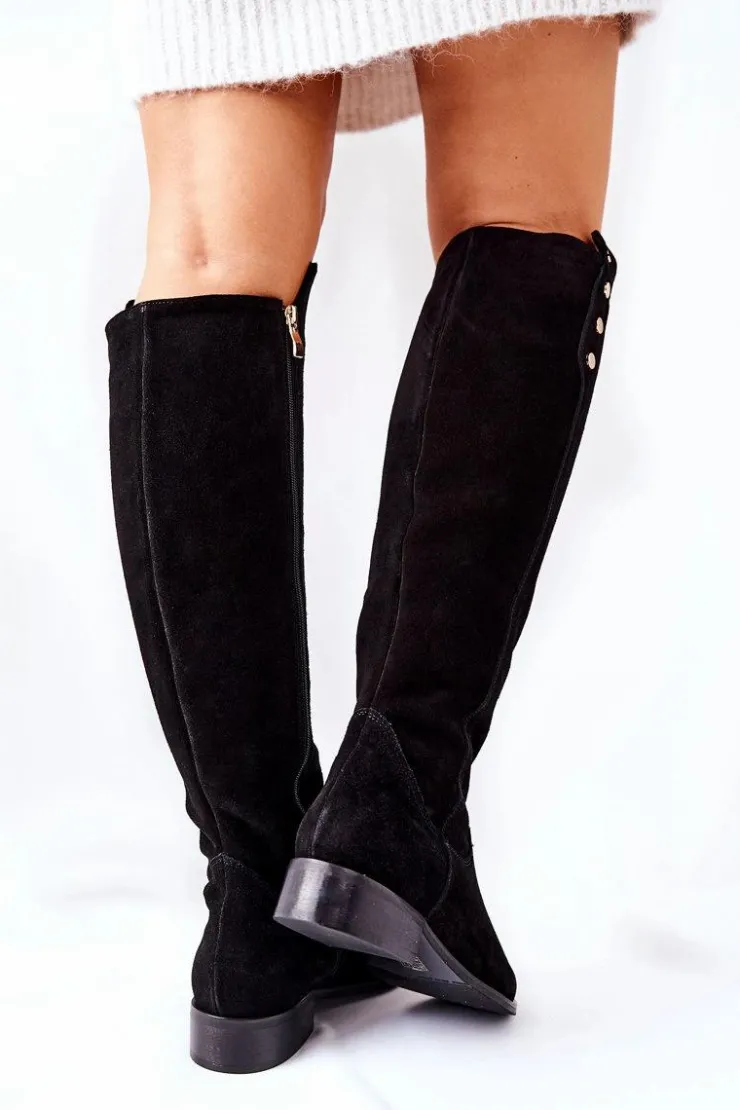 Boto Kozaki Za Kolano|Kozaki Płaskie*Zamszowe Skórzane Kozaki Lewski 2840 Czarne