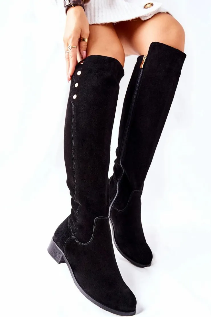 Boto Kozaki Za Kolano|Kozaki Płaskie*Zamszowe Skórzane Kozaki Lewski 2840 Czarne