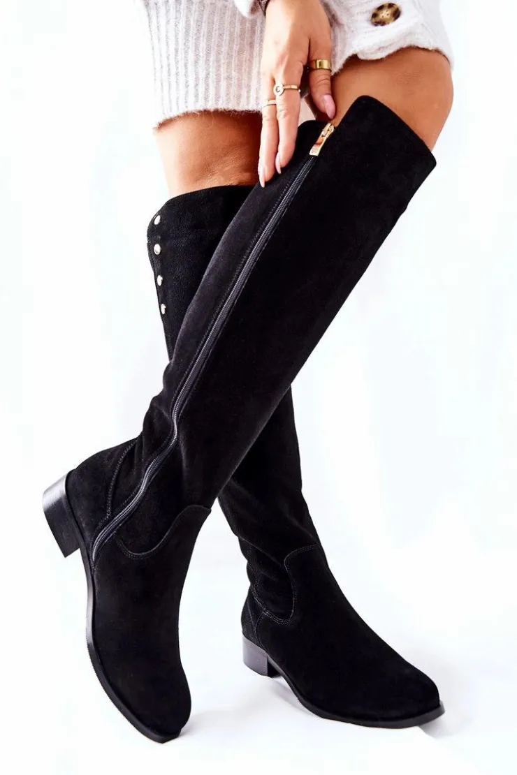 Boto Kozaki Za Kolano|Kozaki Płaskie*Zamszowe Skórzane Kozaki Lewski 2840 Czarne