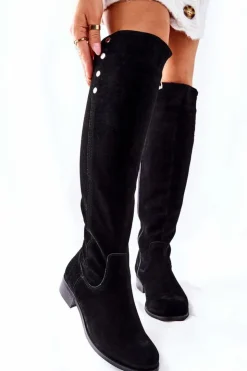 Boto Kozaki Za Kolano|Kozaki Płaskie*Zamszowe Skórzane Kozaki Lewski 2840 Czarne