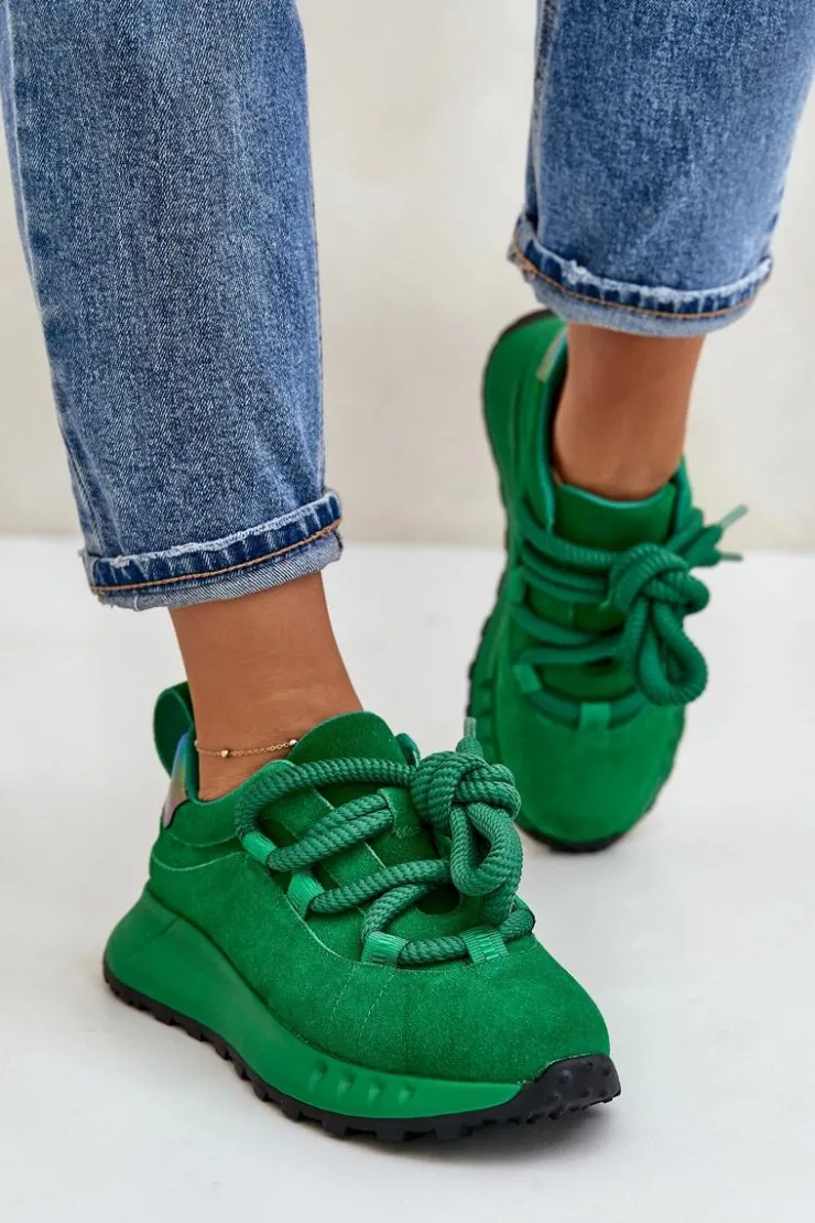 Discount Artiker Zamszowe Sneakersy Damskie Z Grubym Sznurowaniem 55C0099 Zielone