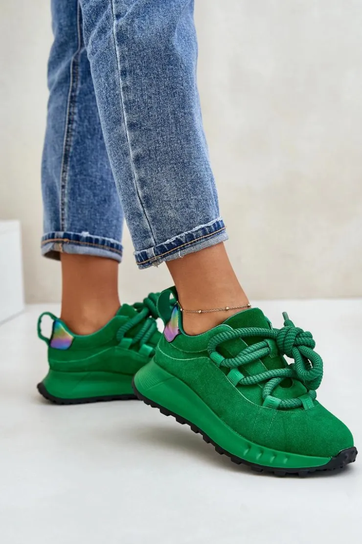 Discount Artiker Zamszowe Sneakersy Damskie Z Grubym Sznurowaniem 55C0099 Zielone