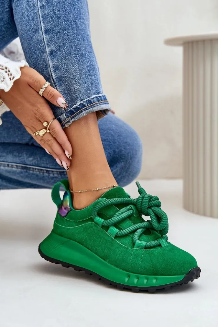 Discount Artiker Zamszowe Sneakersy Damskie Z Grubym Sznurowaniem 55C0099 Zielone