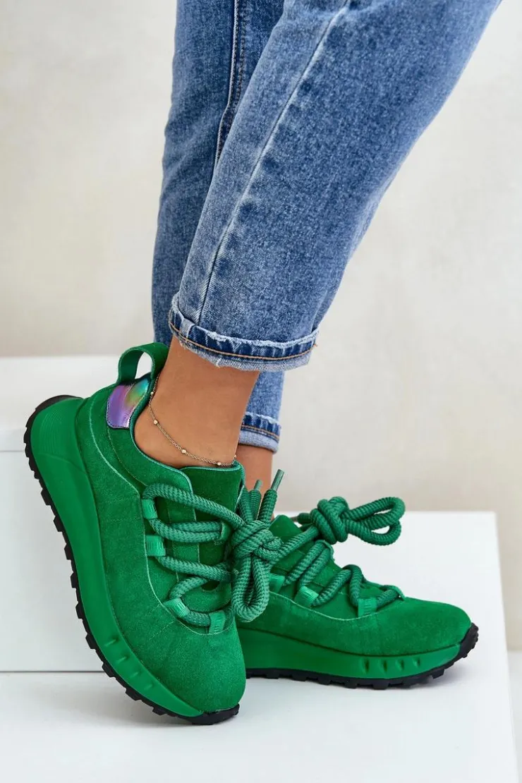 Discount Artiker Zamszowe Sneakersy Damskie Z Grubym Sznurowaniem 55C0099 Zielone