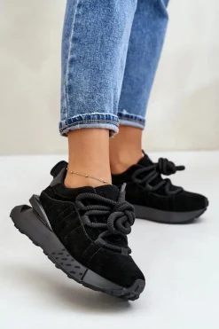 Best Boto Zamszowe Sneakersy Damskie Na Platformie Z Grubym Sznurowaniem Artiker 54C1464 Czarne Czarny