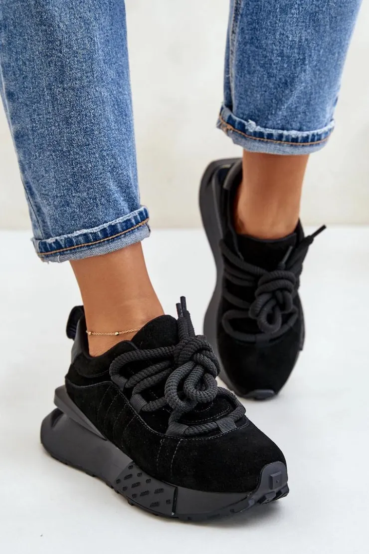 Best Boto Zamszowe Sneakersy Damskie Na Platformie Z Grubym Sznurowaniem Artiker 54C1464 Czarne Czarny