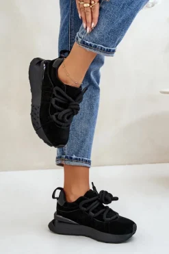 Best Boto Zamszowe Sneakersy Damskie Na Platformie Z Grubym Sznurowaniem Artiker 54C1464 Czarne Czarny
