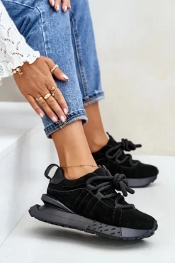 Best Boto Zamszowe Sneakersy Damskie Na Platformie Z Grubym Sznurowaniem Artiker 54C1464 Czarne Czarny