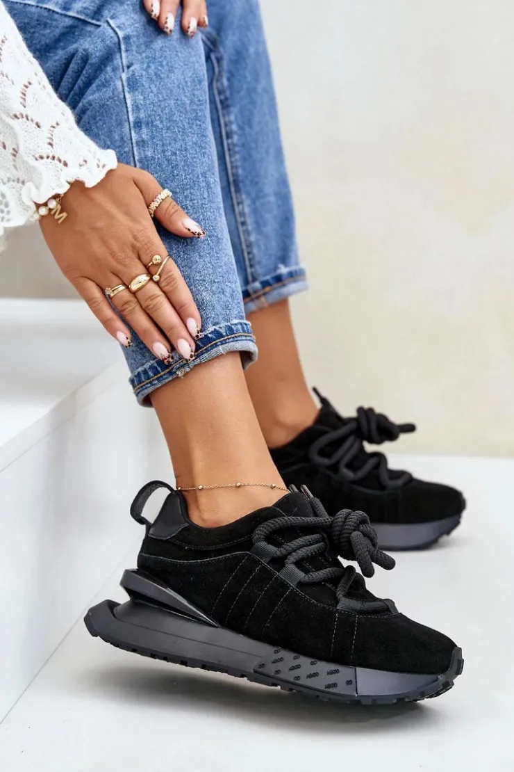 Best Boto Zamszowe Sneakersy Damskie Na Platformie Z Grubym Sznurowaniem Artiker 54C1464 Czarne Czarny