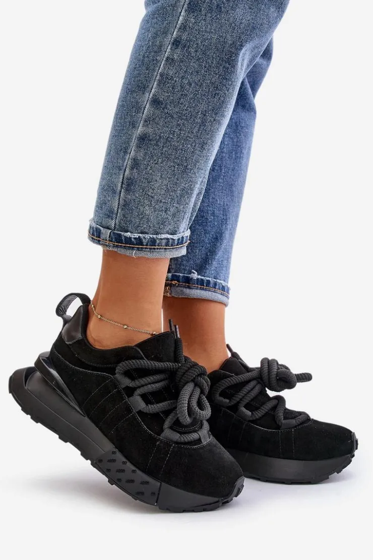 Best Boto Zamszowe Sneakersy Damskie Na Platformie Z Grubym Sznurowaniem Artiker 54C1464 Czarne Czarny