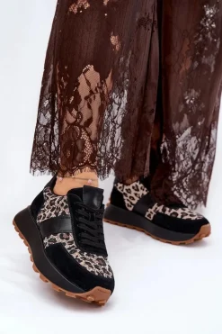 Buty damskie Vinceza Sneakersy Damskie*Zamszowe Sneakersy Damskie Na Platformie Panterka Vinceza 66793 Czarne