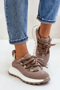 Damskie Artiker Zamszowe Sneakersy Damskie Z Grubym Sznurowaniem 54C1409 Beżowe