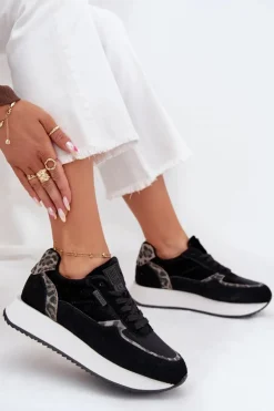 Outlet Big Star Shoes Zamszowe Sneakersy Damskie Big Star OO274A312 HI-POLY SYSTEM Czarne Panterka Czarny