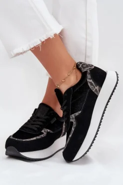 Outlet Big Star Shoes Zamszowe Sneakersy Damskie Big Star OO274A312 HI-POLY SYSTEM Czarne Panterka Czarny