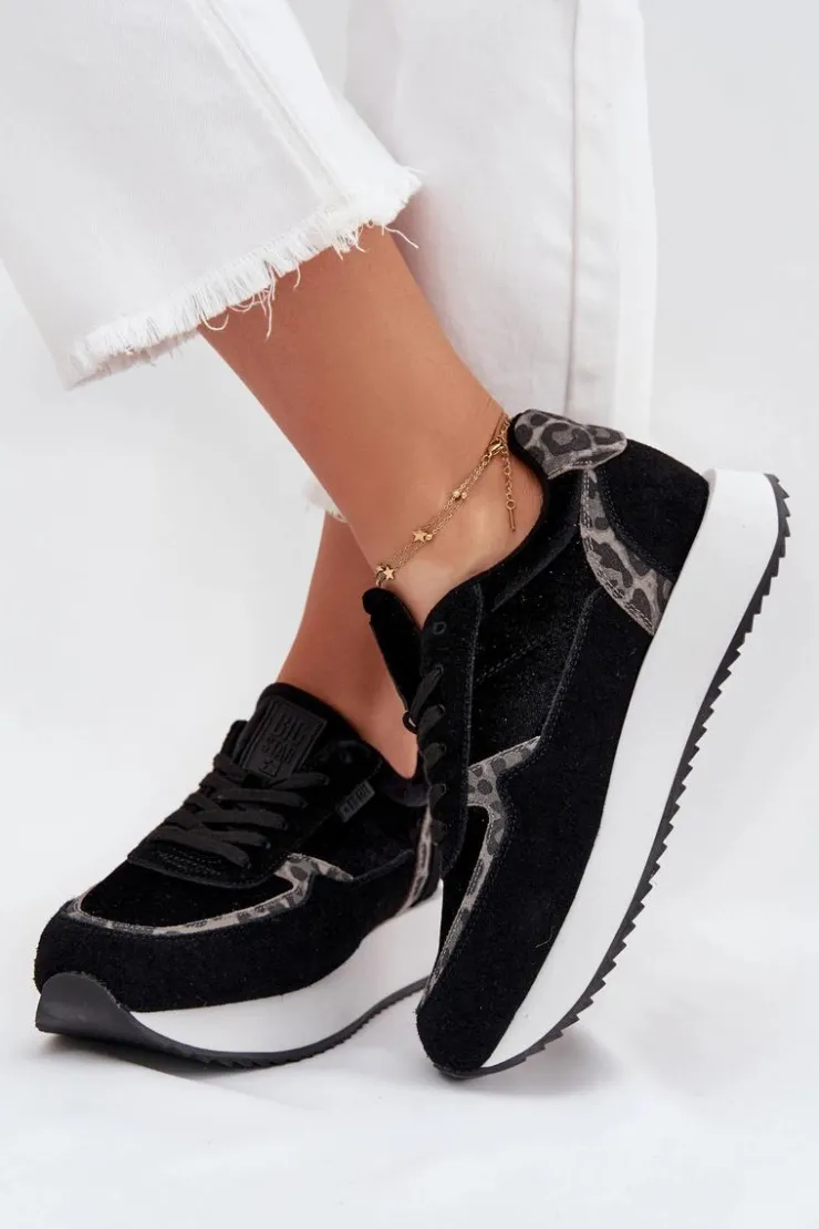 Outlet Big Star Shoes Zamszowe Sneakersy Damskie Big Star OO274A312 HI-POLY SYSTEM Czarne Panterka Czarny