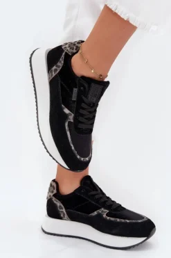 Outlet Big Star Shoes Zamszowe Sneakersy Damskie Big Star OO274A312 HI-POLY SYSTEM Czarne Panterka Czarny