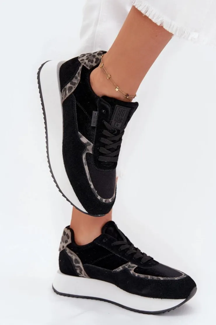 Outlet Big Star Shoes Zamszowe Sneakersy Damskie Big Star OO274A312 HI-POLY SYSTEM Czarne Panterka Czarny