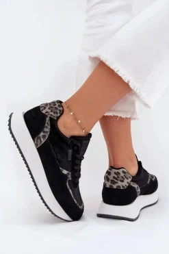 Outlet Big Star Shoes Zamszowe Sneakersy Damskie Big Star OO274A312 HI-POLY SYSTEM Czarne Panterka Czarny