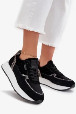 Outlet Big Star Shoes Zamszowe Sneakersy Damskie Big Star OO274A312 HI-POLY SYSTEM Czarne Panterka Czarny