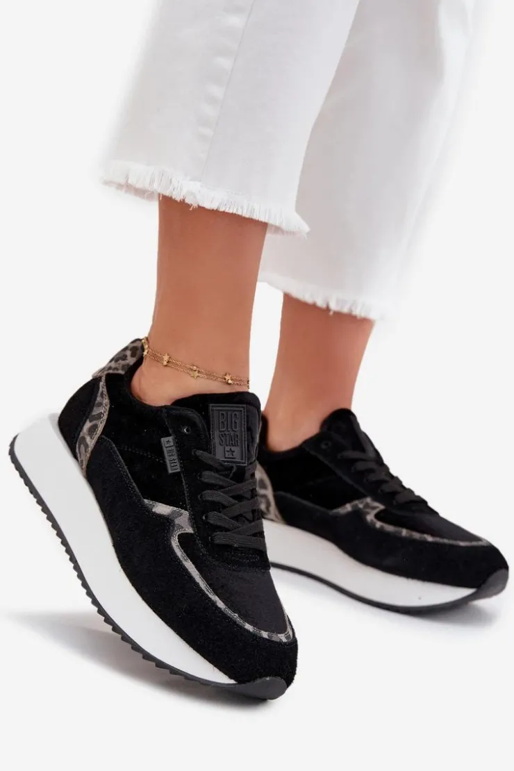 Outlet Big Star Shoes Zamszowe Sneakersy Damskie Big Star OO274A312 HI-POLY SYSTEM Czarne Panterka Czarny