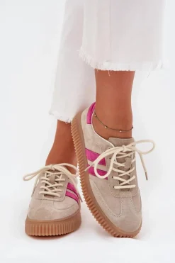 Damskie Boto Zamszowe Sneakersy Damskie Na Platformie Beżowo-Różowe Cavira