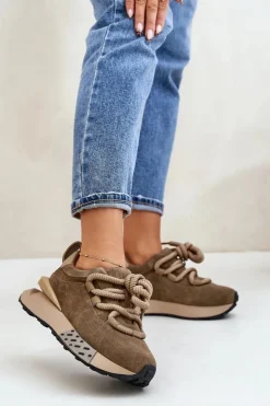 Boto Buty Sportowe Na Platformie*Zamszowe Sneakersy Damskie Na Platformie Z Grubym Sznurowaniem Artiker 54C1466 Jasnobrązowe Brązowy