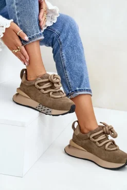 Boto Buty Sportowe Na Platformie*Zamszowe Sneakersy Damskie Na Platformie Z Grubym Sznurowaniem Artiker 54C1466 Jasnobrązowe Brązowy