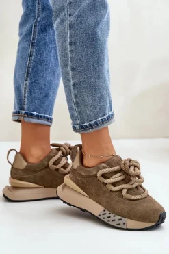 Boto Buty Sportowe Na Platformie*Zamszowe Sneakersy Damskie Na Platformie Z Grubym Sznurowaniem Artiker 54C1466 Jasnobrązowe Brązowy