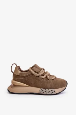 Boto Buty Sportowe Na Platformie*Zamszowe Sneakersy Damskie Na Platformie Z Grubym Sznurowaniem Artiker 54C1466 Jasnobrązowe Brązowy