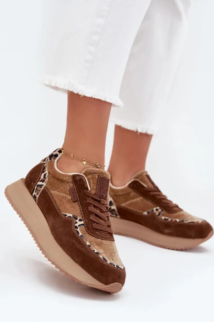 Big Star Shoes Buty Sportowe Big Star|Sneakersy Damskie*Zamszowe Sneakersy Damskie Big Star OO274A313 HI-POLY SYSTEM Brązowe Panterka Brązowy