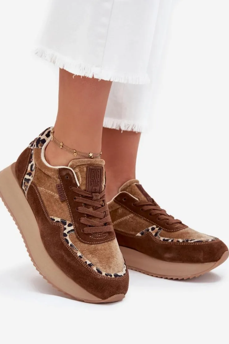 Big Star Shoes Buty Sportowe Big Star|Sneakersy Damskie*Zamszowe Sneakersy Damskie Big Star OO274A313 HI-POLY SYSTEM Brązowe Panterka Brązowy