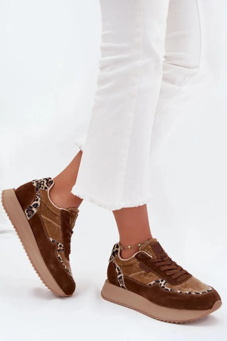 Big Star Shoes Buty Sportowe Big Star|Sneakersy Damskie*Zamszowe Sneakersy Damskie Big Star OO274A313 HI-POLY SYSTEM Brązowe Panterka Brązowy