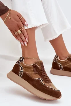 Big Star Shoes Buty Sportowe Big Star|Sneakersy Damskie*Zamszowe Sneakersy Damskie Big Star OO274A313 HI-POLY SYSTEM Brązowe Panterka Brązowy